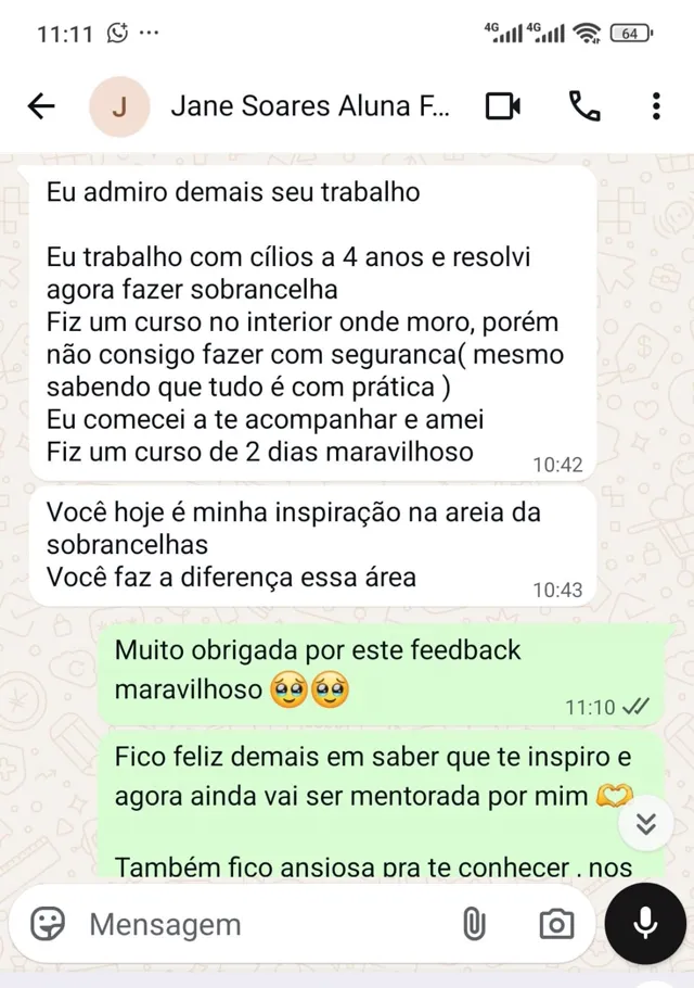 Print de conversa de WhatsApp: depoimento de Jane Soares, aluna Fature com Sobrancelhas