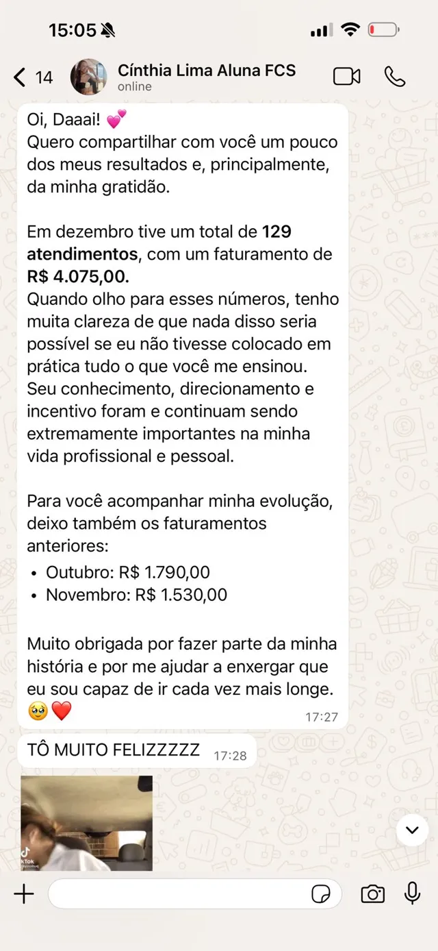 Print de conversa de WhatsApp: depoimento de Cínthia Lima, aluna Fature com Sobrancelhas